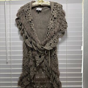 Emma G Gray Cardigan Vest Wool Blend Rabbit Fur Trim Size L/XL